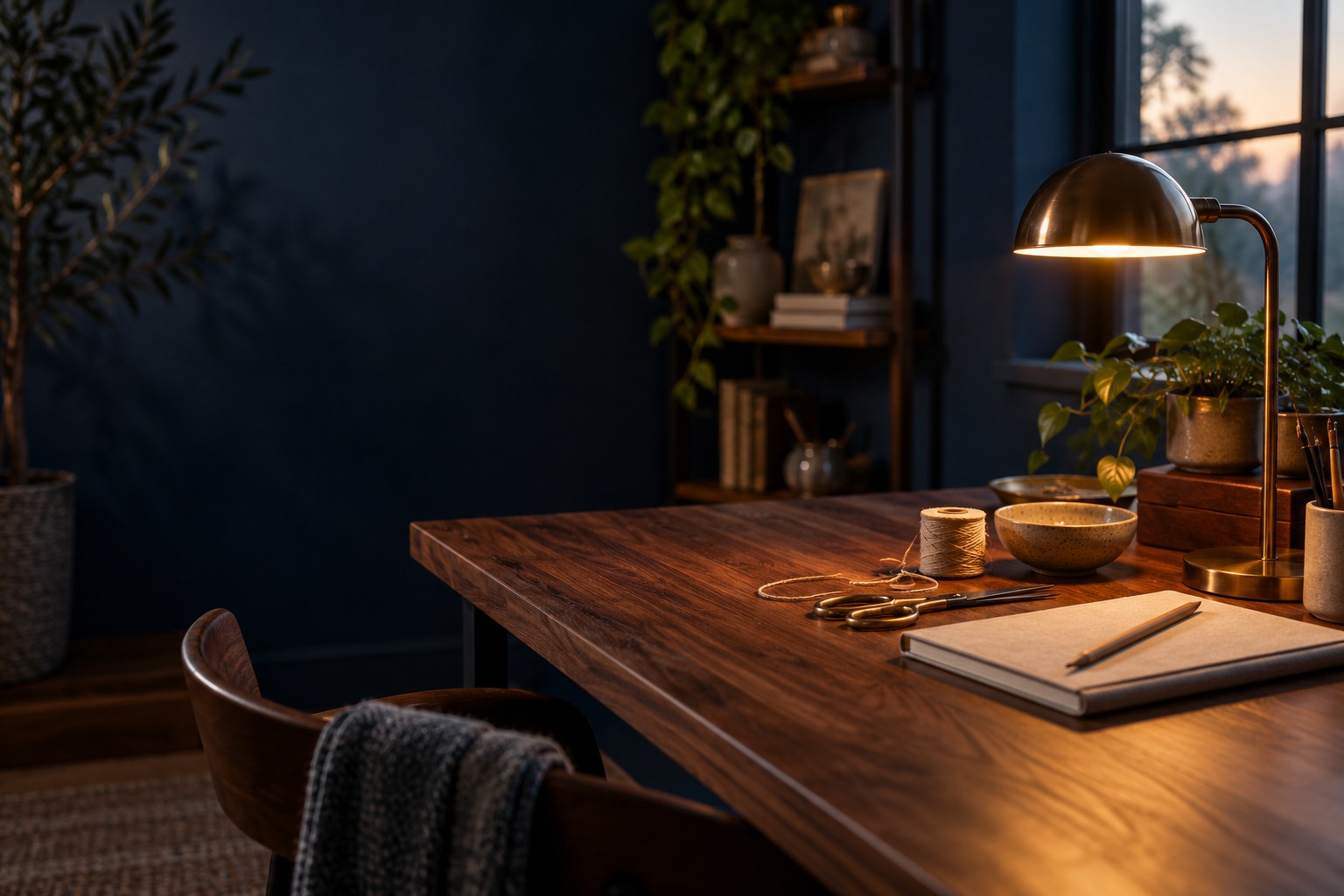 A warmly lit creative workspace